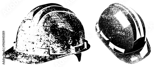 Weathered construction hard hats with gritty texture, worker headgear, safety gear, industrial protection, black and white vector design.
