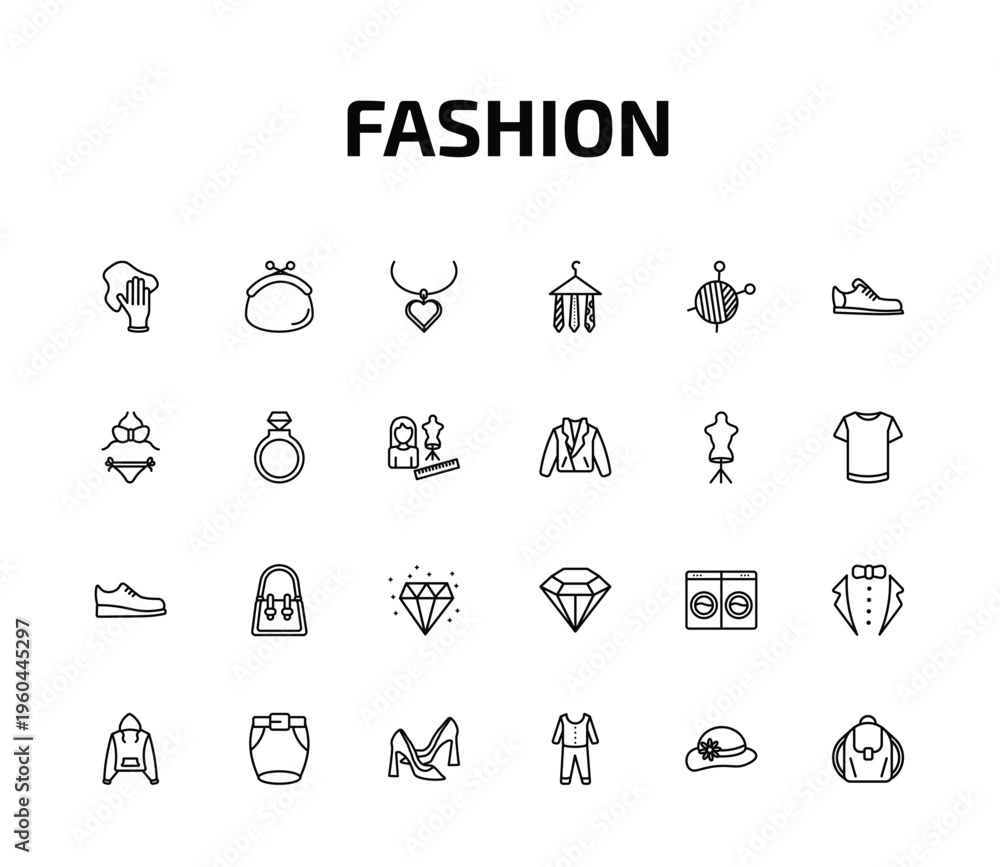 Fototapeta premium fashion outline icon set. 24 linear vector for ui, web and mobile. thin line rag, purses, heart pendant and more icons.
