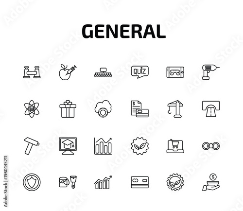 general outline icon set. 24 linear vector for ui, web and mobile. thin line pair of binoculars, gmo, classification and more icons.