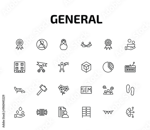 general outline icon set. 24 linear vector for ui, web and mobile. thin line number one medal, impeachment, matryoshka and more icons.