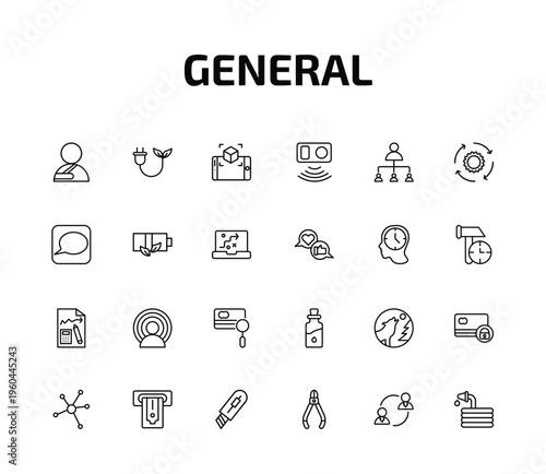 general outline icon set. 24 linear vector for ui, web and mobile. thin line shoulder immobilizer, biomass energy, ar presentation and more icons.