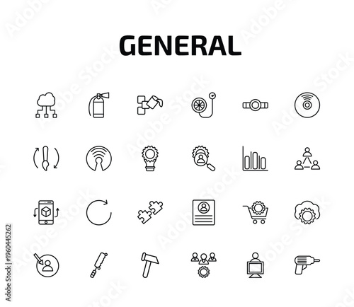 general outline icon set. 24 linear vector for ui, web and mobile. thin line computing technology, fire estinguisher, live paint and more icons.