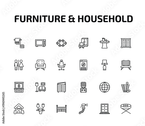 furniture & household outline icon set. 24 linear vector for ui, web and mobile. thin line towel, microwave, dining table and more icons.