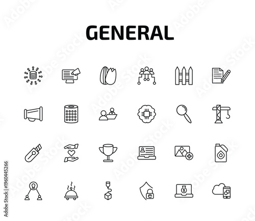 general outline icon set. 24 linear vector for ui, web and mobile. thin line data aggregation, social campaign, nuts and more icons.