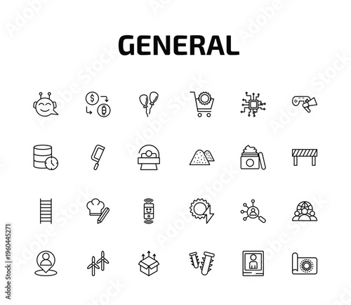 general outline icon set. 24 linear vector for ui, web and mobile. thin line chat bot, crypto-exchange, floating balloons and more icons.