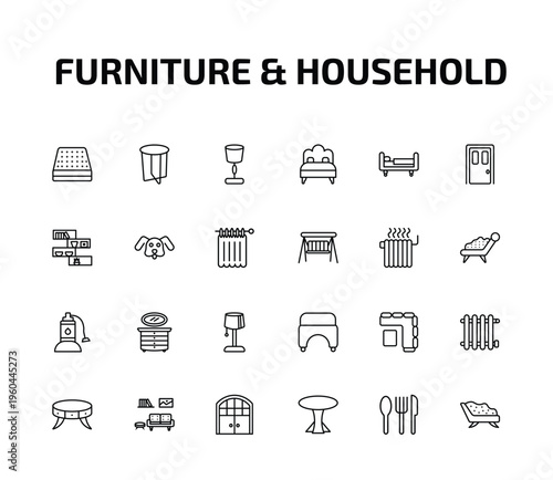furniture & household outline icon set. 24 linear vector for ui, web and mobile. thin line mattress, side table, lamps and more icons.