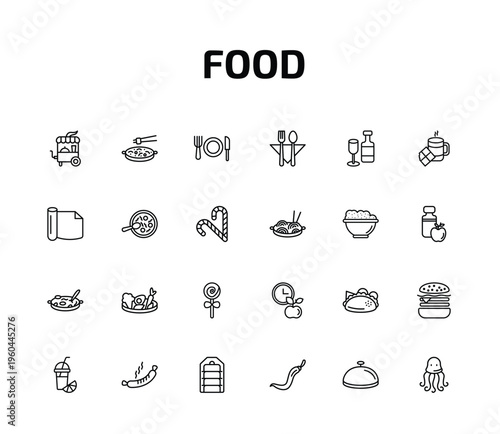 food outline icon set. 24 linear vector for ui, web and mobile. thin line fair, chinese food, plate and utensils and more icons.