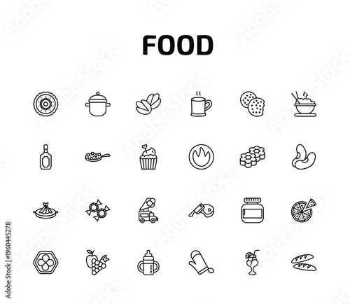 food outline icon set. 24 linear vector for ui, web and mobile. thin line moon cake, kitchen pot, pistachio and more icons.