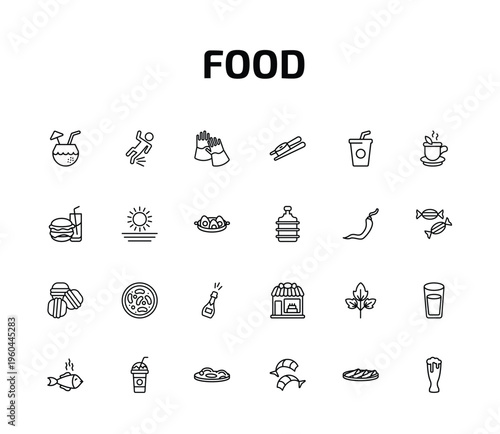 food outline icon set. 24 linear vector for ui, web and mobile. thin line drink in a coconut, fallen, protection gloves and more icons.
