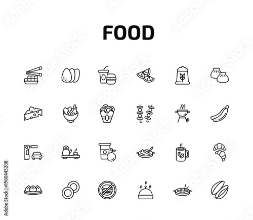 food outline icon set. 24 linear vector for ui, web and mobile. thin line fried tofu curd balls, eggs sillhouettes, junk food and more icons.