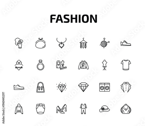 fashion outline icon set. 24 linear vector for ui, web and mobile. thin line rag, purses, heart pendant and more icons.