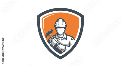 Construction worker with hammer in shield emblem logo design.