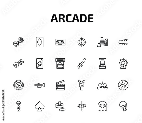 arcade outline icon set. 24 linear vector for ui, web and mobile. thin line dices, diamond ace, music tape and more icons.