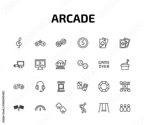 arcade outline icon set. 24 linear vector for ui, web and mobile. thin line g clef, game controller, billiards and more icons.