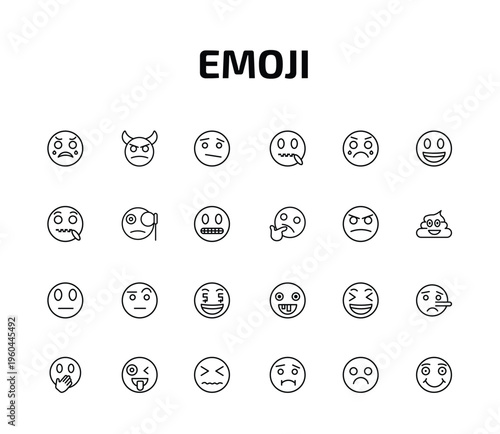 emoji outline icon set. 24 linear vector for ui, web and mobile. thin line crying emoji, angry with horns emoji, confused and more icons.