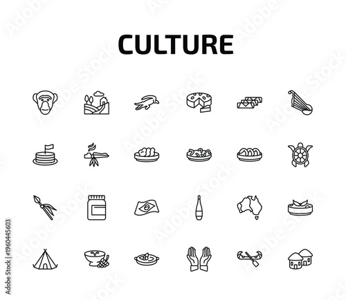 culture outline icon set. 24 linear vector for ui, web and mobile. thin line chimp face of brazil, tuscany, australian alligator and more icons.