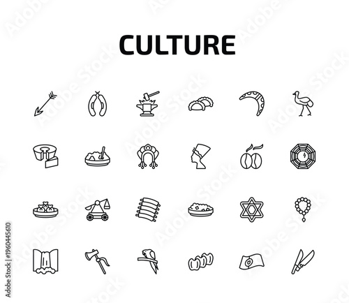 culture outline icon set. 24 linear vector for ui, web and mobile. thin line native, chorizo, blacksmith and more icons.