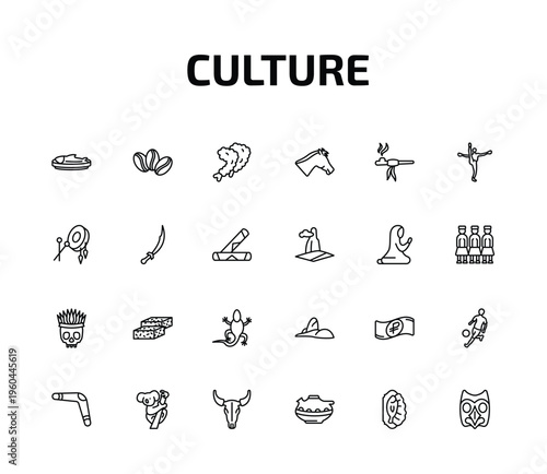 culture outline icon set. 24 linear vector for ui, web and mobile. thin line imperial carp, coffee grains, fried shrimp and more icons.