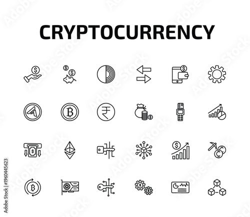 cryptocurrency outline icon set. 24 linear vector for ui, web and mobile. thin line loan, piggy bank, tor and more icons.