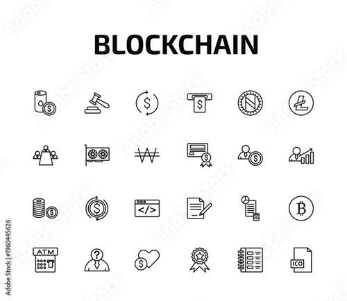 blockchain outline icon set. 24 linear vector for ui, web and mobile. thin line oil economy, auction hammer, dollar reload and more icons.