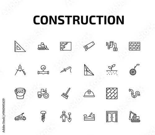 construction outline icon set. 24 linear vector for ui, web and mobile. thin line angle ruler, bulldozer, concrete and more icons.