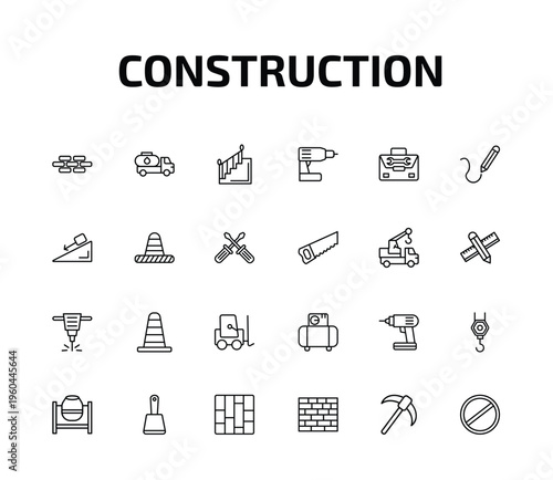 construction outline icon set. 24 linear vector for ui, web and mobile. thin line brick, fuel truck, stairs with handle and more icons.