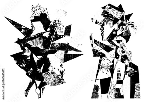 Fragmented black and white figures composed of sharp angles and, cubist art style, graphic design elements, modern abstract composition.