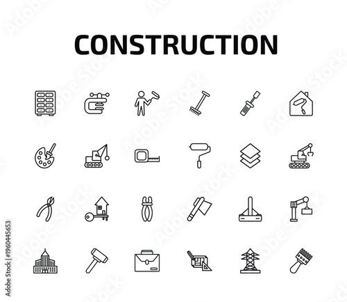 construction outline icon set. 24 linear vector for ui, web and mobile. thin line big clo, vise, man painting and more icons.