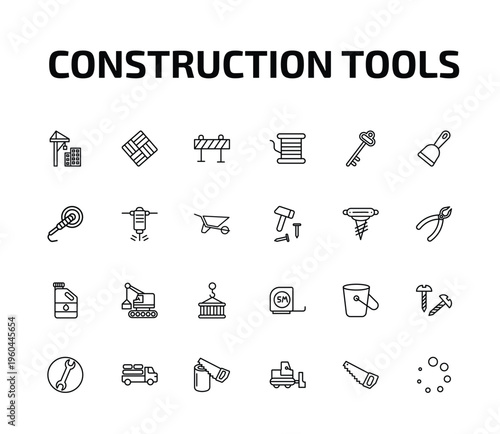 construction tools outline icon set. 24 linear vector for ui, web and mobile. thin line constructions, paver, road barrier and more icons.