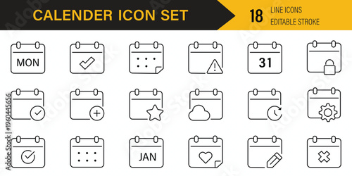 modern linear calendar and date icon set. vector thin line outline symbols for ui-ux app and web interfaces. minimal stroke collection including date. Calendar, agenda, planner outline icons set Flat