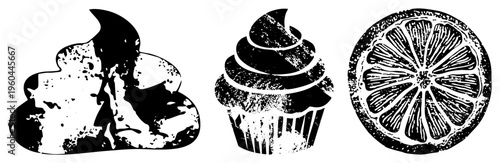Retro styled dessert illustrations including cupcake, citrus slice, and pastry with distressed texture, vector art, isolated food.