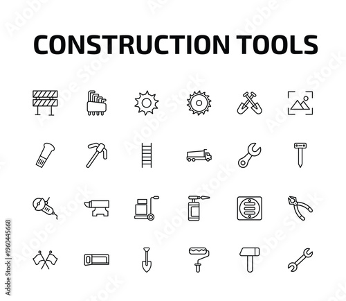 construction tools outline icon set. 24 linear vector for ui, web and mobile. thin line barrier, hex key, circular saw and more icons.
