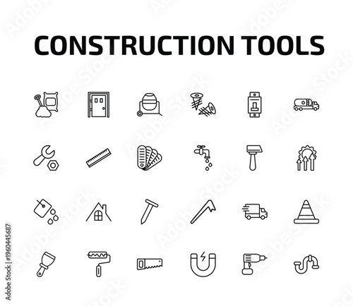 construction tools outline icon set. 24 linear vector for ui, web and mobile. thin line cement, big door, concrete mixer and more icons.