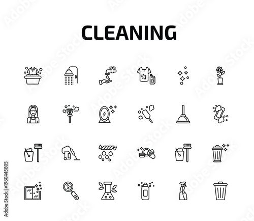 cleaning outline icon set. 24 linear vector for ui, web and mobile. thin line clothes cleaning, shower head, hand wash and more icons.