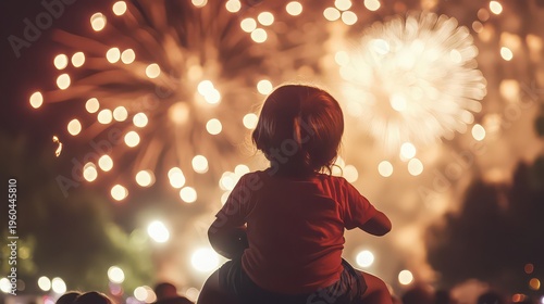 A child watches fireworks in the night sky with wonder and excitement.
