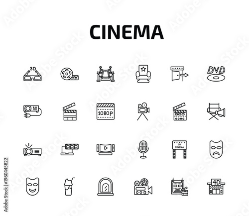 cinema outline icon set. 24 linear vector for ui, web and mobile. thin line 3d movie, big film roll, red carpet and more icons.
