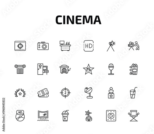 cinema outline icon set. 24 linear vector for ui, web and mobile. thin line movie countdown, dslr camera, cinema snack bar and more icons.