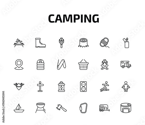 camping outline icon set. 24 linear vector for ui, web and mobile. thin line camp table, boots shoes, torch and more icons.