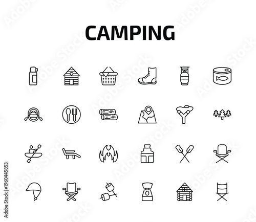 camping outline icon set. 24 linear vector for ui, web and mobile. thin line thermo, lodge, picnic and more icons.