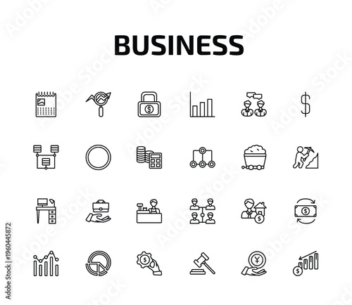 business outline icon set. 24 linear vector for ui, web and mobile. thin line wall calendar, database analysing, safe money and more icons.