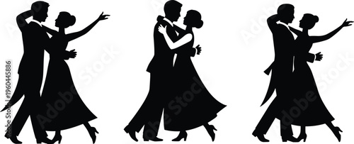 waltz, ballroom, dancing, silhouette, couple, romance, elegant, wedding, tuxedo, gown, vector, partner, performer, classic, celebratory,