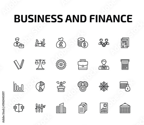 business and finance outline icon set. 24 linear vector for ui, web and mobile. thin line worker, boss reading a document, pounds money bag and more icons.