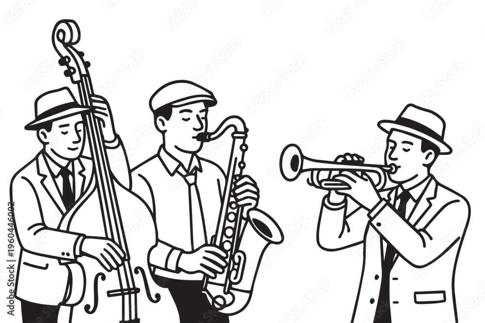 Ταπετσαρία A vector illustration of three men playing jazz music with saxophone, trumpet, and double bass, capturing a lively performance with rhythm, harmony, and a classic music vibe