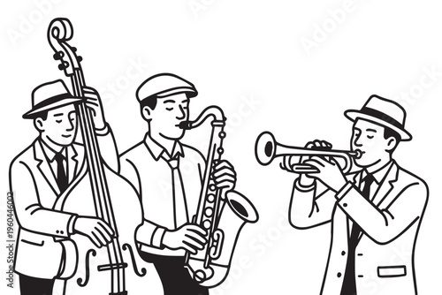 A vector illustration of three men playing jazz music with saxophone, trumpet, and double bass, capturing a lively performance with rhythm, harmony, and a classic music vibe.