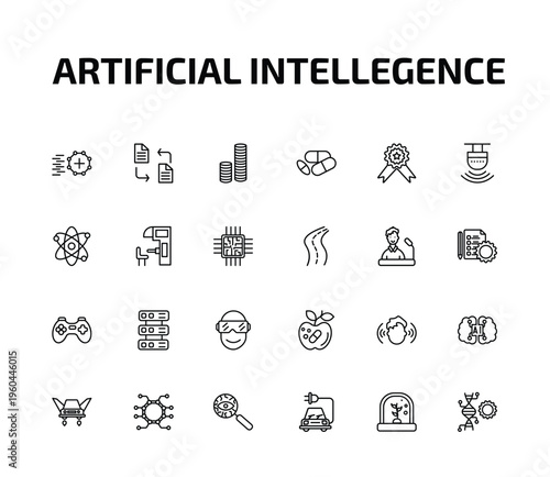 artificial intellegence outline icon set. 24 linear vector for ui, web and mobile. thin line match moving, file transfer, coins and more icons.