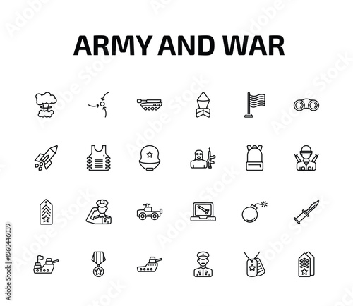 army and war outline icon set. 24 linear vector for ui, web and mobile. thin line bomb detonation, strategy, tank and more icons.