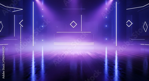 Futuristic Neon Stage with Purple Lights and Fog