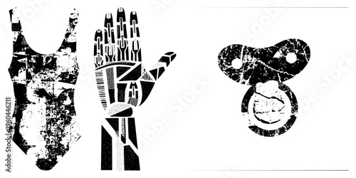 Three stylized human silhouettes rendered with fragmented halftone, robotic hand, abstract body, glitch art vector, black and white graphic design.
