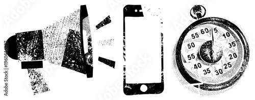 Retro styled halftone graphic megaphone broadcasting sound, smartphone displaying blank screen, analog stopwatch measuring time all rendered in gritty dot matrix style.