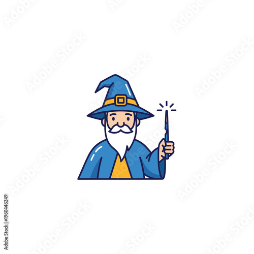 Cartoon wizard with magic wand smiling.